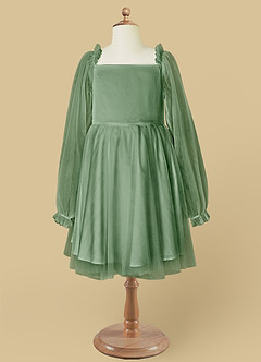 Azazie Aya Robe Demoiselle D'honneur Fillette Robe Trapèze en Tulle avec manches Matcha image6