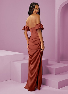 Barbie ♥ Azazie Robes de demoiselle d'honneur Robe Fourreau Convertible en Satin extensible Épaule décolletée Terracotta image2