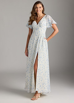 Azazie Kimber Bridesmaid Dresses Blue And White Ditsy Floral A-Line Flounce Sleeve Chiffon Dress image1