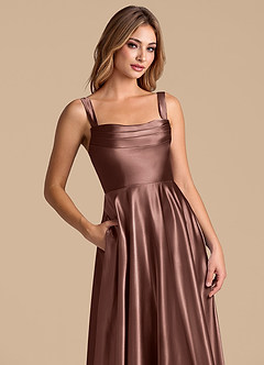 Azazie Shaude Bridesmaid Dresses Espresso A-Line Pleated Metallic Satin Dress image2