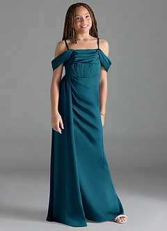 Azazie Amyra Junior Ink Blue Sheath Off the Shoulder Stretch Satin Dress image3