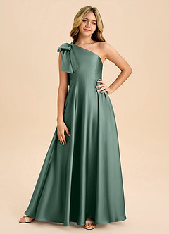 Azazie Penguin Junior A라인 절하다 스트레치 새틴 플로어 길이 주니어 신부 들러리 드레스 image3