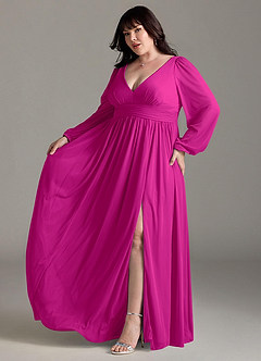 Azazie Norah Bridesmaid Dresses Fuchsia A-Line V-Neck Long Sleeve Chiffon Dress image10