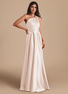 Azazie Charlize Bridesmaid Dresses Rose Gold A-Line One Shoulder Metallic Satin Dress image3