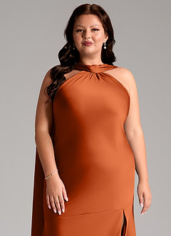 Azazie Kinsley Bridesmaid Dresses Burnt Orange Mermaid Side Slit Stretch Satin Dress image13