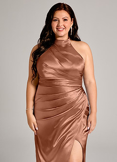 Azazie Jemma At-home Try On Dresses Dusty Blue Sheath Pleated Metallic Satin Dress image12