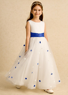 Azazie Cricket Flower Girl Dresses Ivory Royal Blue Ball-Gown Pleated Matte Satin Dress image7