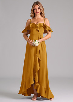 Azazie Lyra Bridesmaid Dresses Butterscotch A-Line Off the Shoulder Stretch Satin Convertible Dress image5