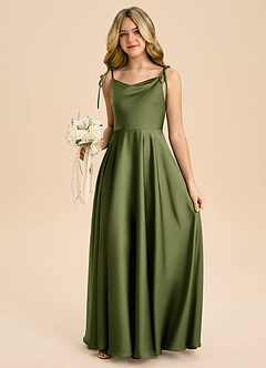 Azazie Popsy Junior Olive A-Line Bow Stretch Satin Dress image5