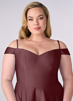 Barbie ♥ Azazie Robes de demoiselle d'honneur Robe Trapèze Convertible en Satin extensible Épaule décolletée Sangria image7