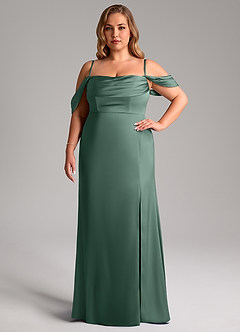 Azazie Saige Bridesmaid Dresses Eucalyptus Sheath Off the Shoulder Stretch Satin Dress image15