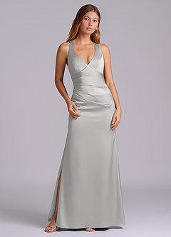 Azazie Amelie Bridesmaid Dresses Silver A-Line Pleated Stretch Satin Dress image1