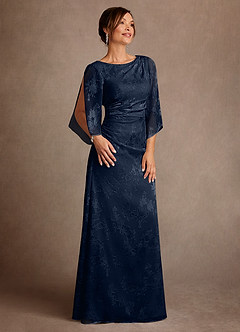 Azazie Anaheim Mother of the Bride Dresses Dark Navy Sheath Pleated Floral Burnout Dress image3