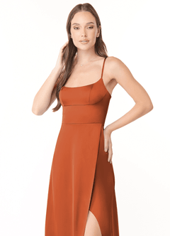 Azazie Halsey Bridesmaid Dresses Cinnamon Sheath Side Slit Stretch Satin Dress image6