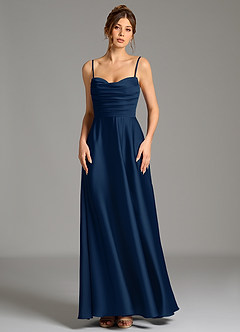 Azazie Ayla Vestidos de damas de honor Vestido Azul Marino Oscuro de Satén Elástico de Línea A con Corsé image5