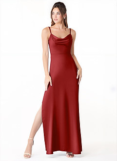Azazie Alaija Bridesmaid Dresses Pomegranate Mermaid Side Slit Stretch Satin Dress image2