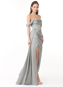 Azazie Amyra Robes de demoiselle d'honneur Robe Fourreau Convertible en Satin extensible Épaule décolletée Argent image4