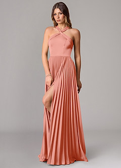 Azazie Afra Robes de demoiselle d'honneur Robe Trapèze en Satin extensible Plissée Corail image4