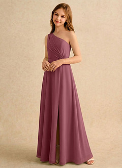 Azazie Puddles Girls Formal Robe Demoiselle D'honneur Fillette Robe Trapèze en Mousseline de soie Asymétrique Rose Du Désert image4