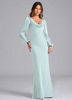 Azazie Melani Bridesmaid Dresses Sea Glass Mermaid Long Sleeve Stretch Satin Dress image4