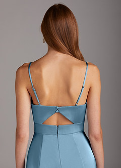 Azazie Shania Bridesmaid Dresses Steel Blue Sheath V-Neck Pleated Stretch Satin Dress image4
