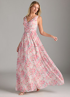 Azazie Kora Bridesmaid Dresses Abstract Watercolor Floral A-Line Pleated Chiffon Dress image4
