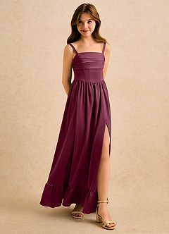 Azazie Maisie Girls Formal Flower Girl Dresses Mulberry A-Line Ruched Stretch Satin Dress image3