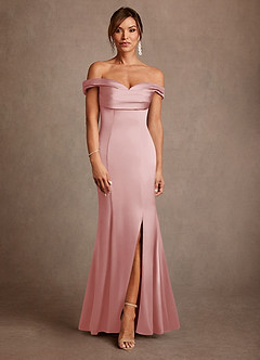 Azazie Boone Mother of the Bride Dresses Powder Pink Mermaid Off the Shoulder Stretch Satin Dress image2