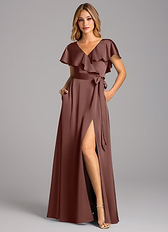 Azazie Lainey Robes de demoiselle d'honneur Robe Trapèze en Satin extensible avec poches Expresso image4