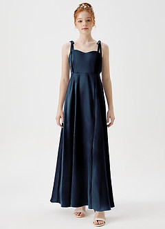 Azazie Rosey Junior A-Linie Herzausschnitt Metallischer Satin Kleid Dunkelmarine image6