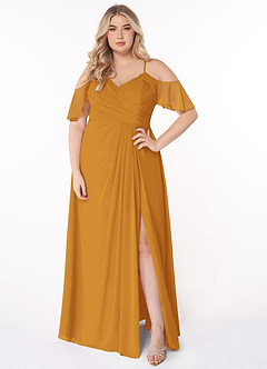Azazie Dakota Bridesmaid Dresses Butterscotch A-Line V-Neck Pleated Chiffon Dress image11