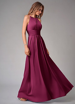 Azazie Bonnie Vestidos de damas de honor Vestido Ciruela Roja de Satén Elástico de Línea A con Plisado image4