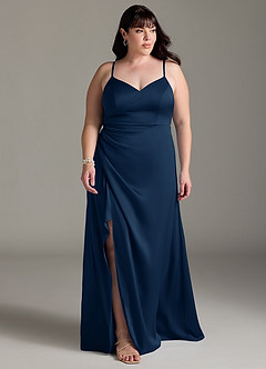 Azazie Marchella Brautjungfernkleider A-Linie Korsett Stretch-Satin Kleid Dunkelmarine image7