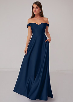 Barbie ♥ Azazie Bridesmaid Dresses Dark Navy A-Line Off the Shoulder Stretch Satin Convertible Dress image2