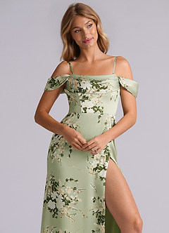 Azazie Saige Bridesmaid Dresses Floral Vines Sheath Off the Shoulder Stretch Satin Dress image2