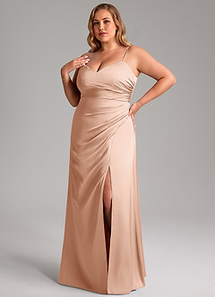 Azazie Azuree Bridesmaid Dresses Rose Gold A-Line Pleated Stretch Satin Dress image1