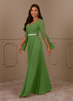 Azazie Belinda vestidos de madre de la novia Vestido de Albahaca de Gasa de Corte en A con Cuello en V Plisado image3