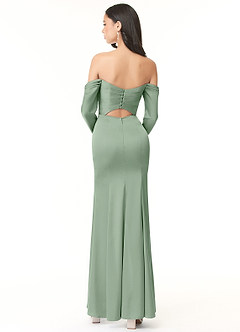 Azazie Hallie Jurken voor bruidsmeisjes Converteerbaar Jurk van Stretch Satijn met Kolom Off-the-shoulder lange mouw Matcha image3