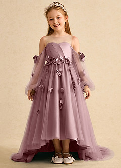 Azazie Karrie Robe Demoiselle D'honneur Fillette Robe Trapèze en Tulle avec manches Rose Poussiéreuse image1