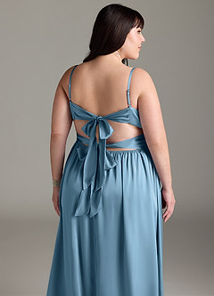 Azazie Zeya Bridesmaid Dresses Steel Blue A-Line Pleated Stretch Satin Dress image15