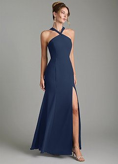 Azazie Rue Bridesmaid Dresses Dark Navy A-Line Halter Chiffon Dress image1