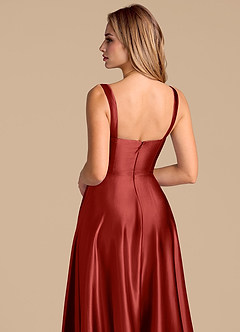 Azazie Shaude Bridesmaid Dresses Rust A-Line Pleated Metallic Satin Dress image7