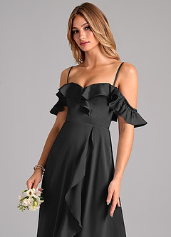 Azazie Lyra Vestidos de damas de honor Vestido de Negro de Satén Elástico de Corte en A Convertible con Vestidos sin tirantes image7