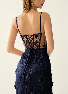 Risqunma Navy 3D Flowers Sequin Embroidery Beading Tulle Prom Dress image6