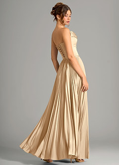 Azazie Saedra Bridesmaid Dresses Champagne A-Line Corset Stretch Satin Dress image2