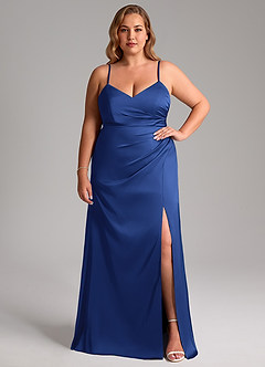 Azazie Azuree Bridesmaid Dresses Royal Blue A-Line Pleated Stretch Satin Dress image3