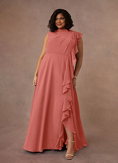 Azazie Narine vestidos de madre de la novia Vestido de Rosa Salmón de Gasa de Corte en A con Cuello alto plisado image7