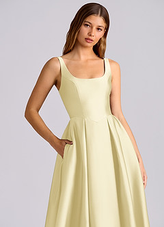 Azazie Amalie Bridesmaid Dresses Lemon Sorbet A-Line Pleated Stretch Satin Dress image2