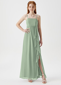 Azazie Kaylee Junior Dusty Sage A-Line with Belt Mesh Dress image4