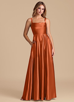 Azazie Shaude 신부 들러리 드레스 A라인 주름진 메탈릭 새틴 바닥 길이 드레스 image1